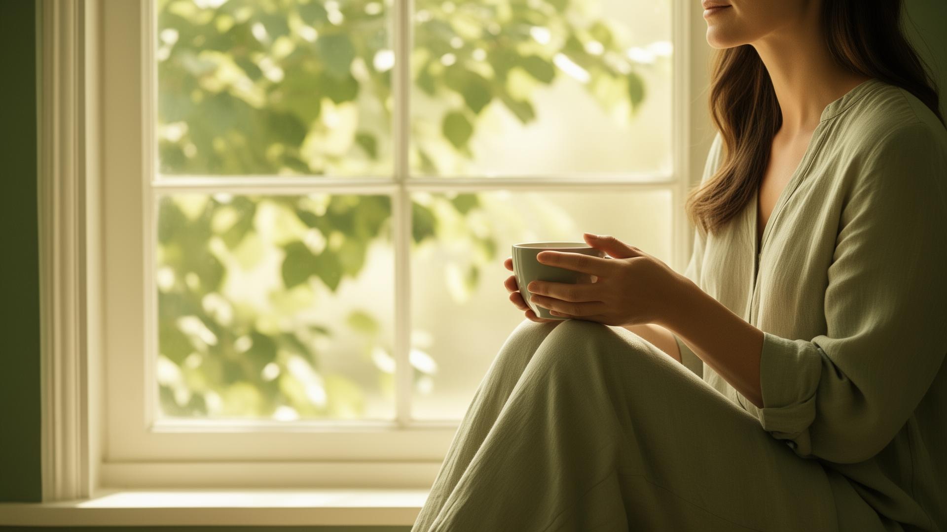 A woman sitting peacefully by a sunlit window holding a warm cup